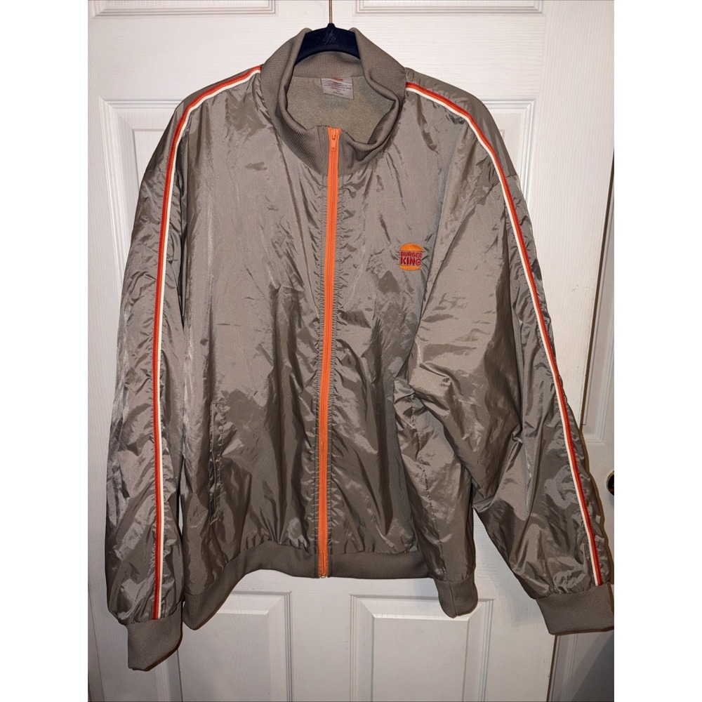Burger King XL Jacket Tan Gray Nylon Full Zip Orange Sleeve Stripes Fleece Lined